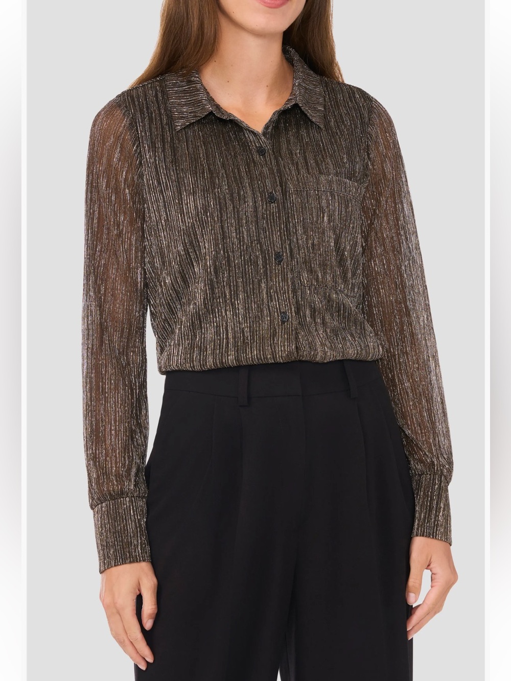 Halogen Metallic Pleated Button-Down Shirt